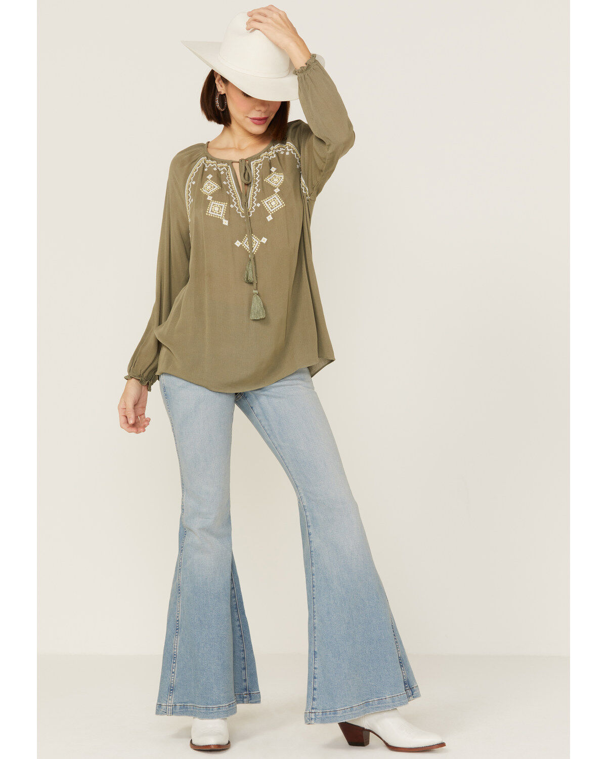 Image #4 - Miss Me Women's Olive Embroidered Southwestern Tassel Top, Olive, hi-res