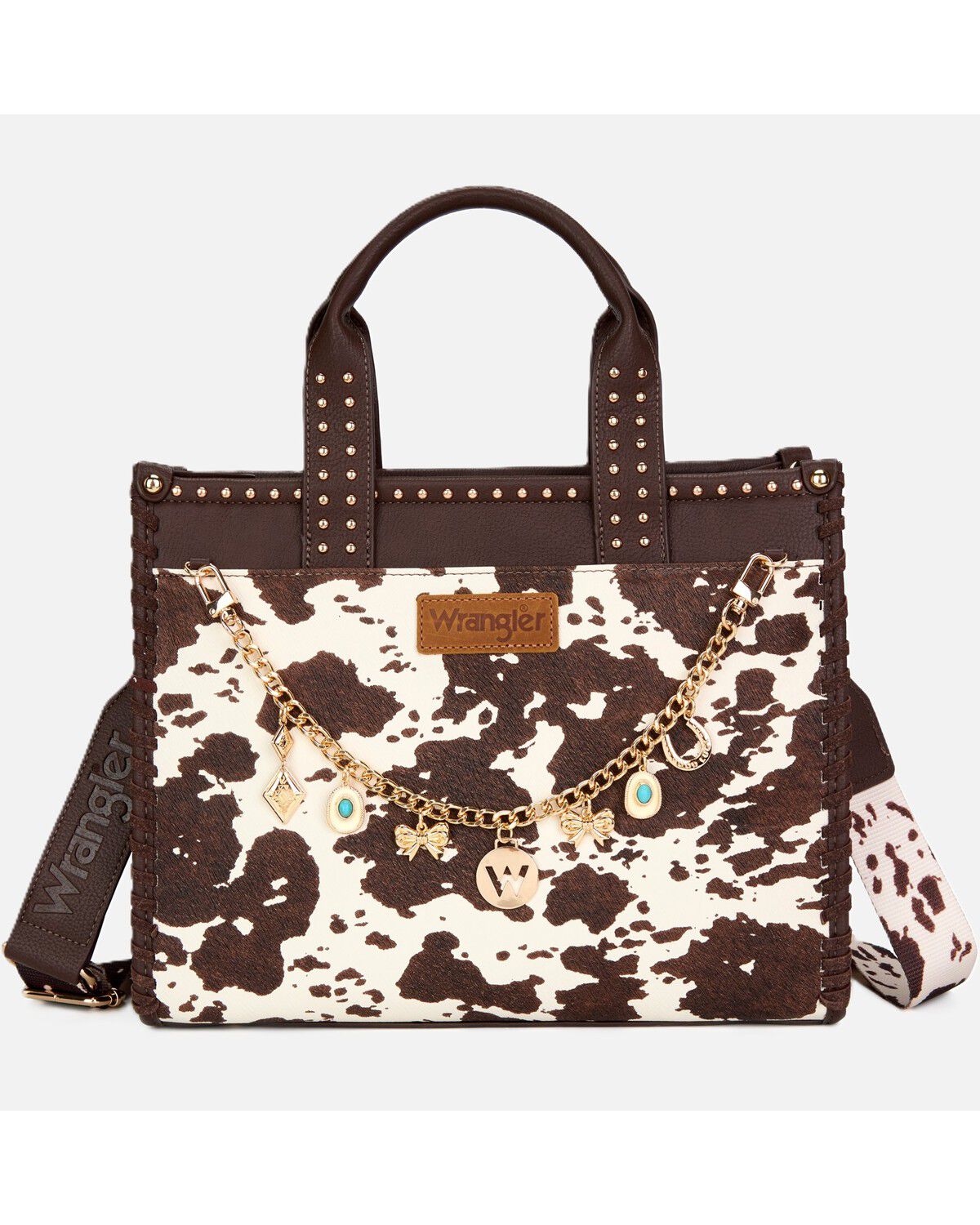 Image #1 - Wrangler X Boot Barn Women's Cow Print Tote with Chain, Coffee, hi-res