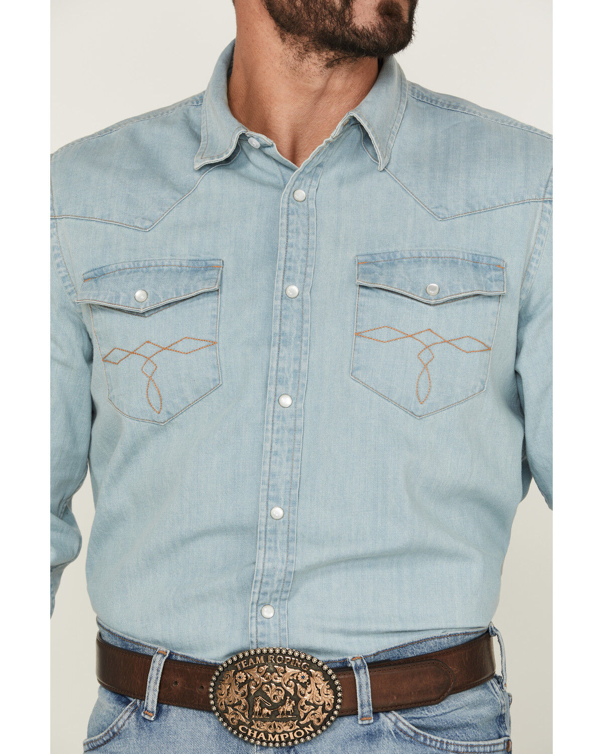 Image #3 - Cody James Men's Frosty Light Wash Long Sleeve Snap Denim Western Shirt, Light Wash, hi-res