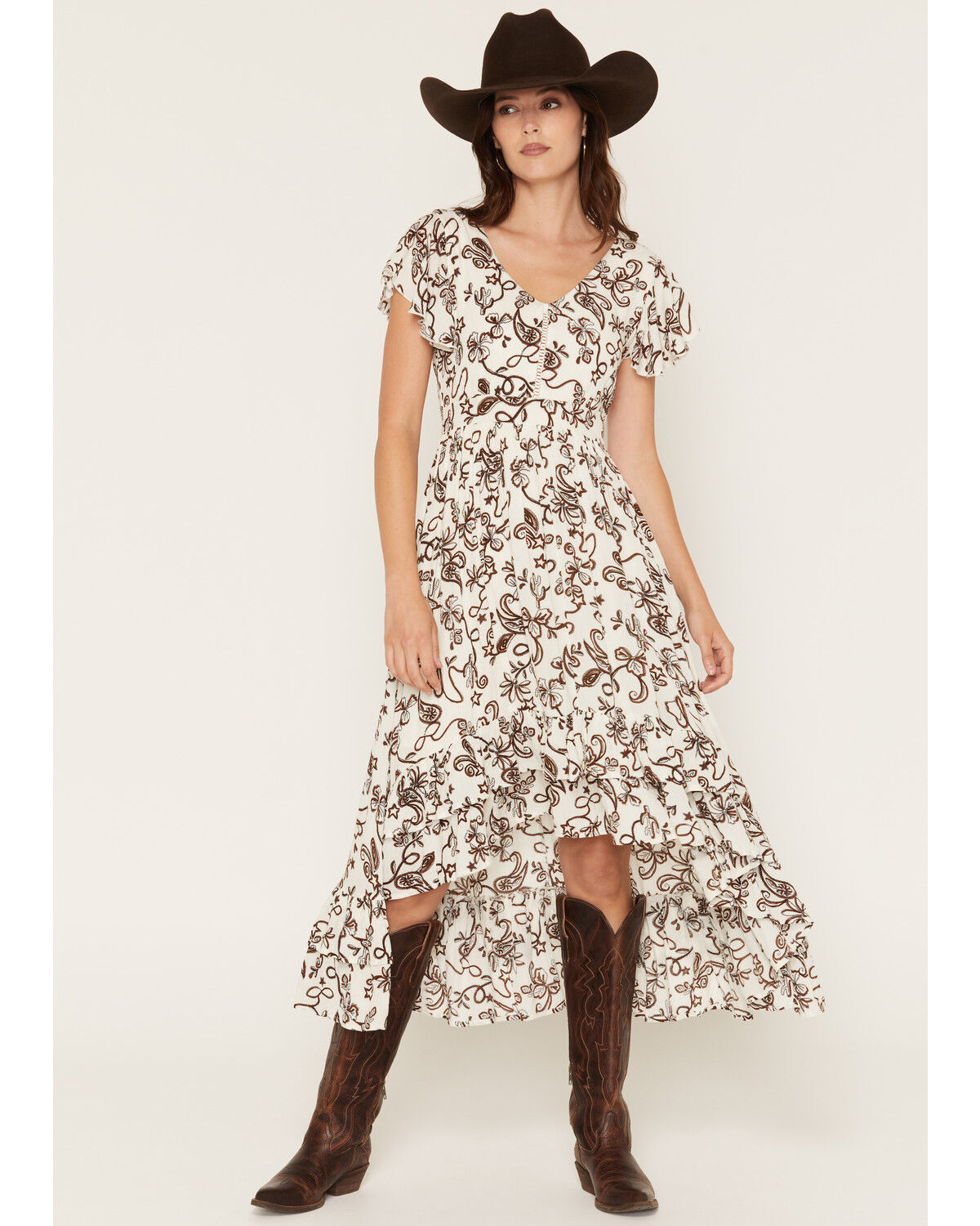 Rosabelle Honey Women's Western Print High Low Midi Dress, Cream, hi-res