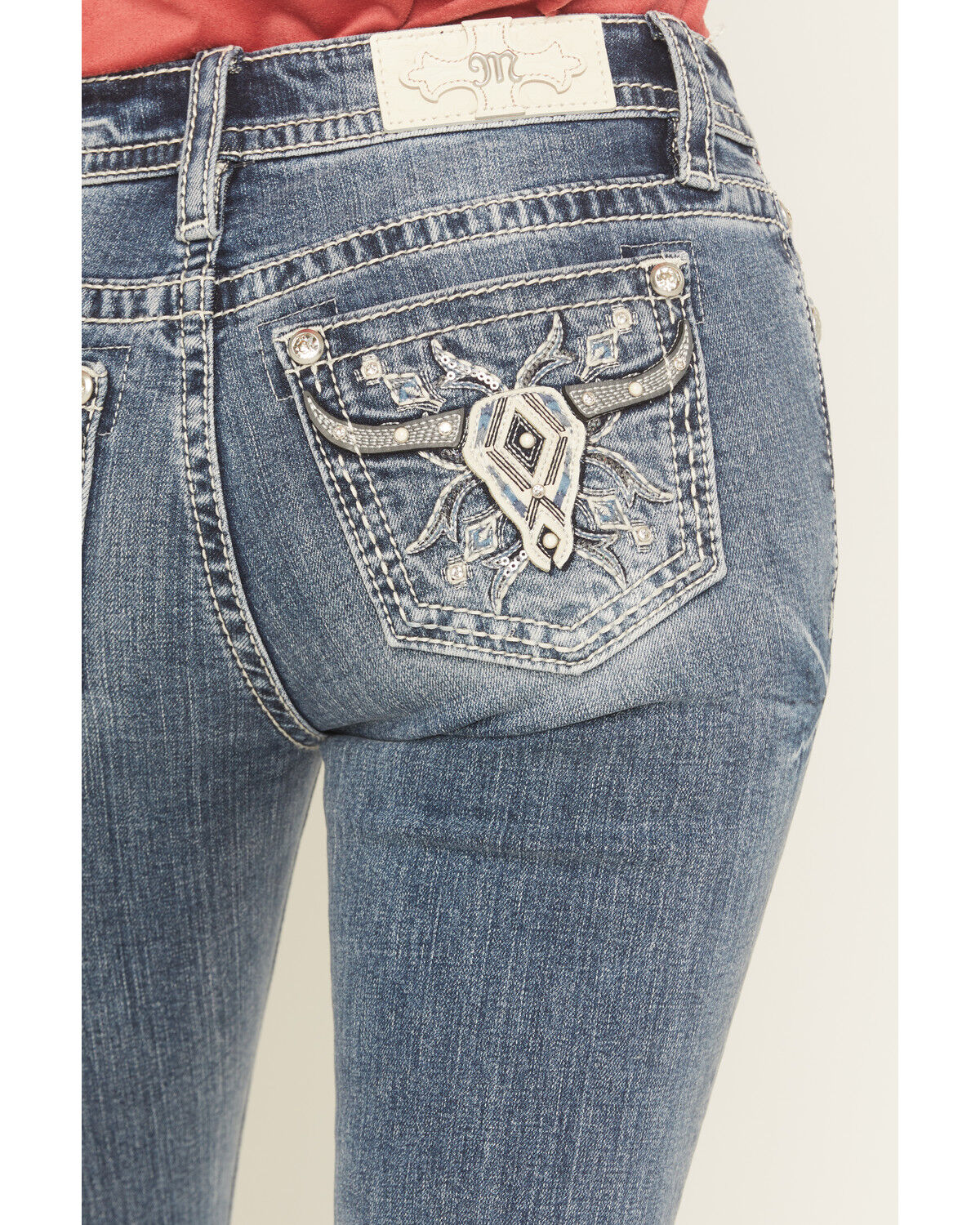 Image #2 - Miss Me Women's Medium Wash Mid Rise Cow Skull Pocket 34" Bootcut Stretch Denim Jeans, Medium Wash, hi-res
