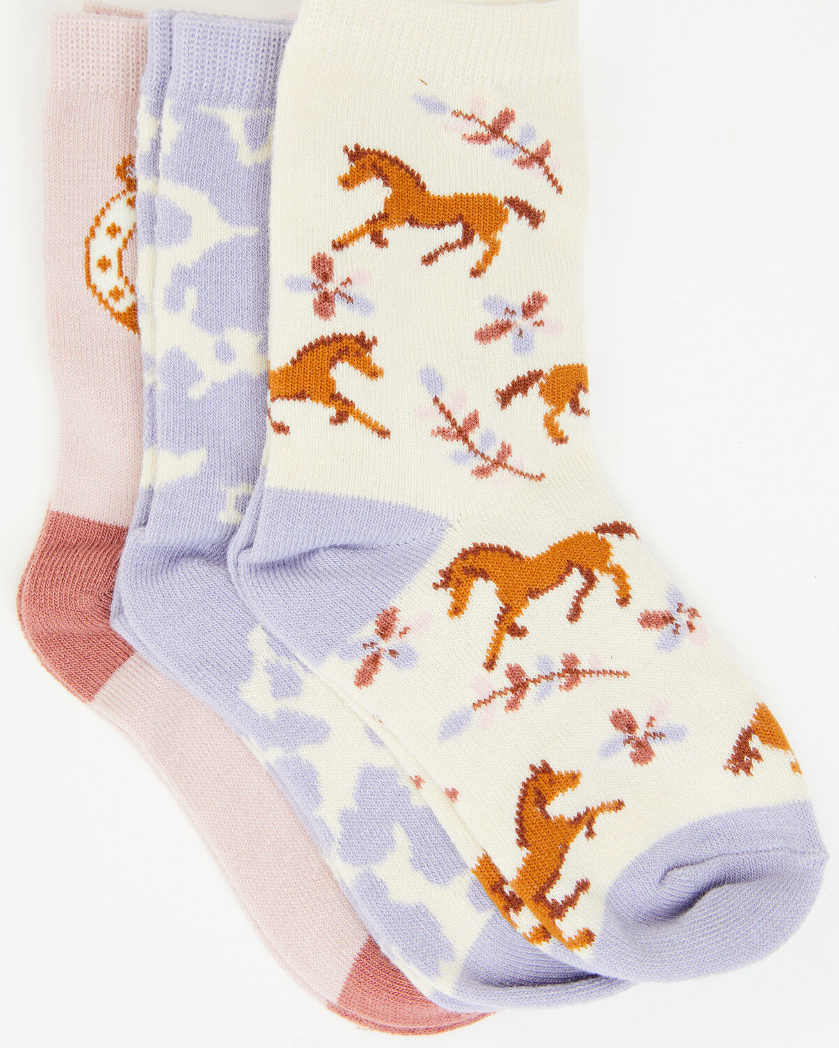 Image #1 - Boot Barn Girls' Horse Icon Crew Socks - 3 Pack, Lavender, hi-res