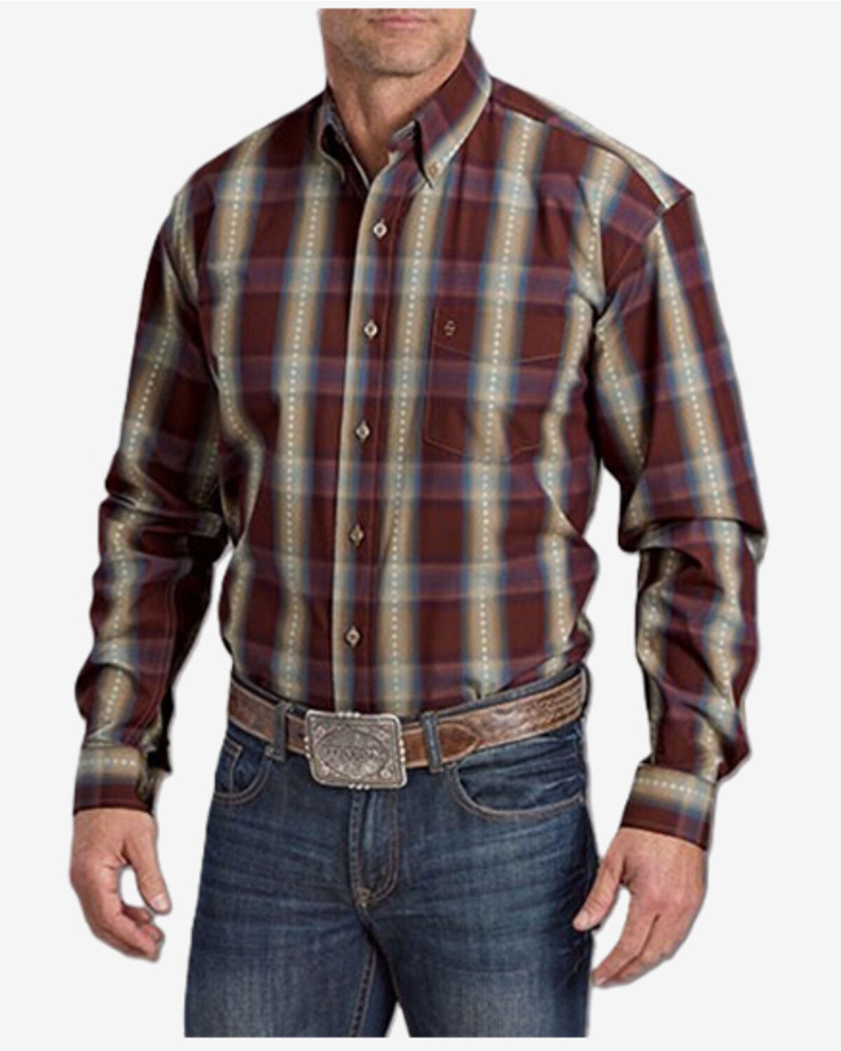 Stetson Men's Dobby Plaid Print Long Sleeve Button-Down Western Shirt, Wine, hi-res