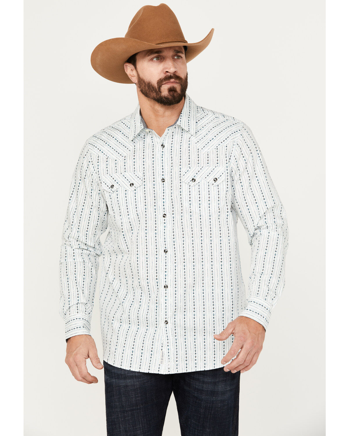 Moonshine Spirit&reg; Men's Elderflower Striped Long Sleeve Western Snap Shirt, White, hi-res
