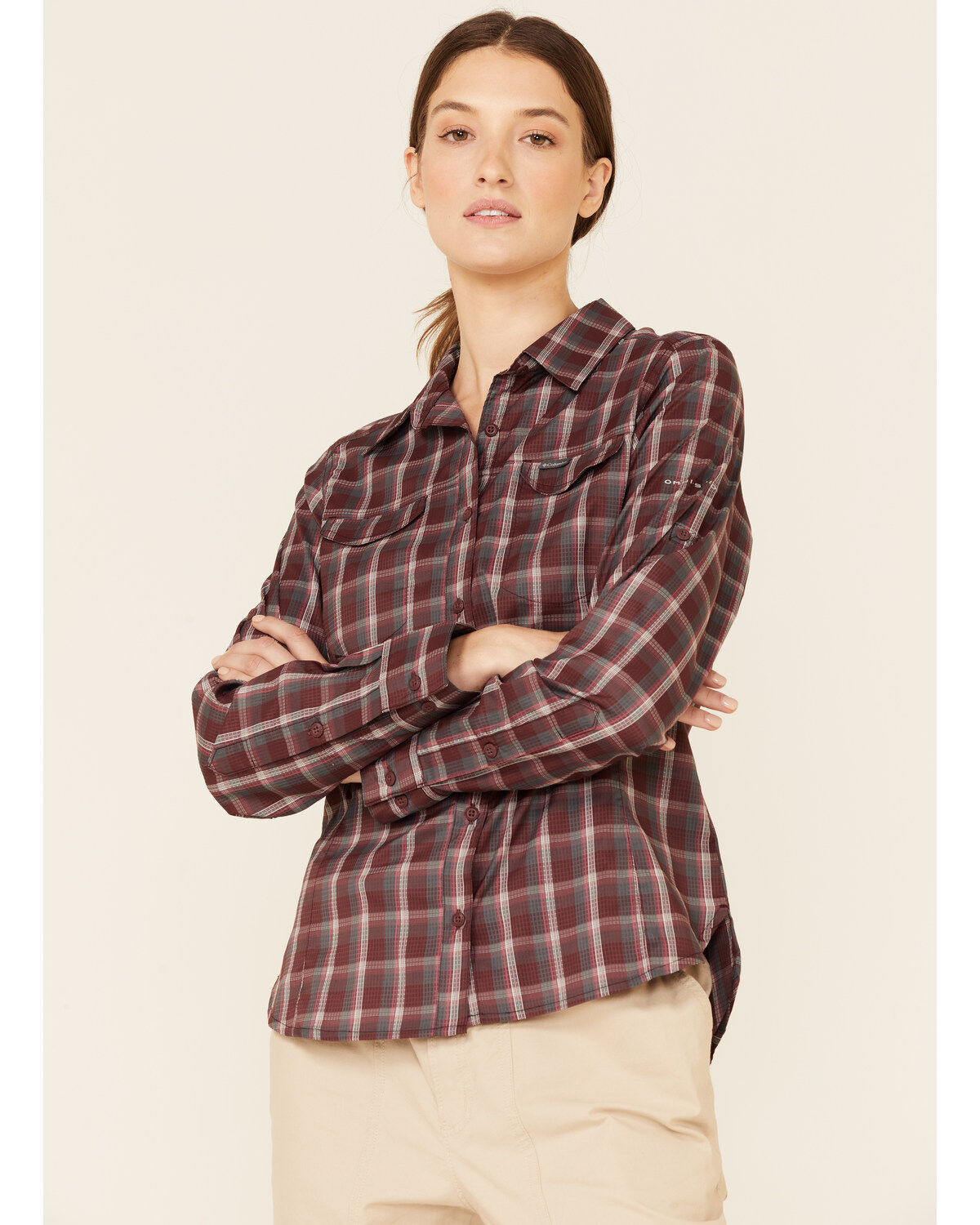 Image #1 - Columbia Women's Malbec Plaid Print Ridge Lite Long Sleeve Button-Down Western Shirt, Burgundy, hi-res
