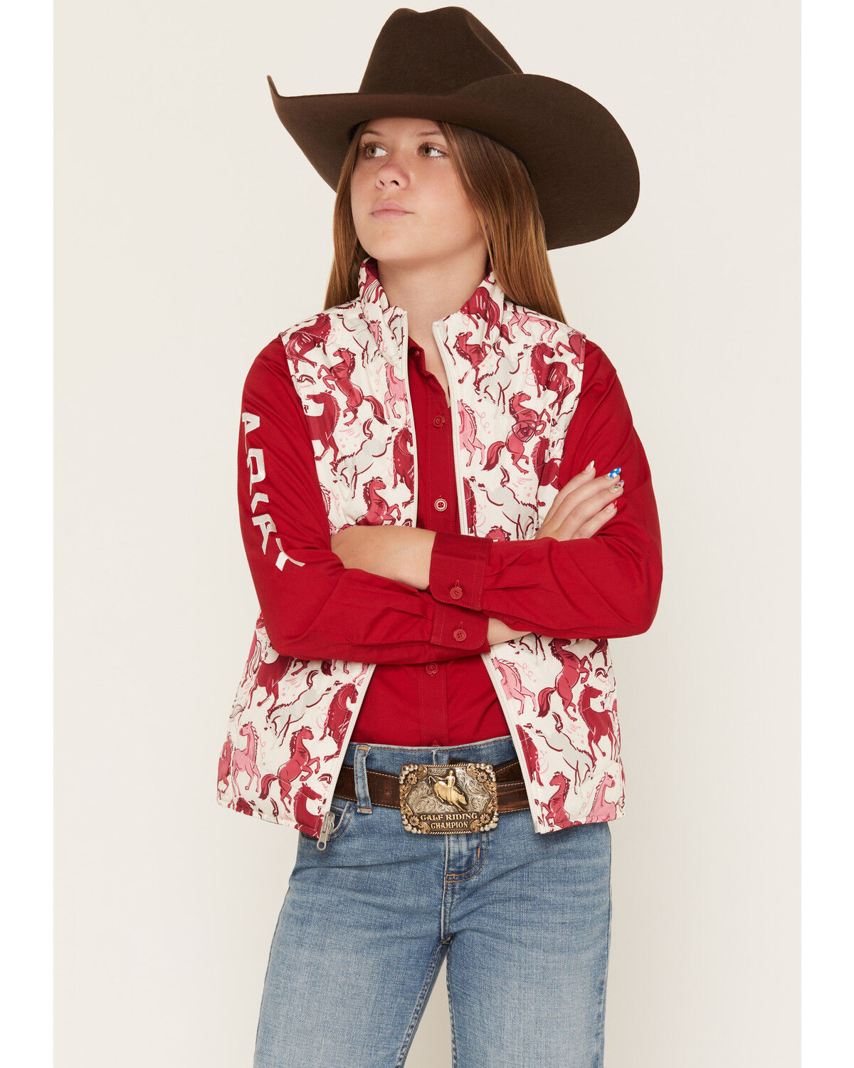 Image #1 - Ariat Girls' Bella Reversible Horse Print Vest, Multi, hi-res