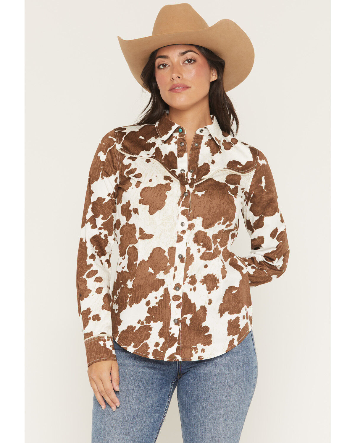 Image #1 - Shyanne Women's Junegrass Cow Print Long Sleeve Snap Stretch Western Shirt, Coffee, hi-res