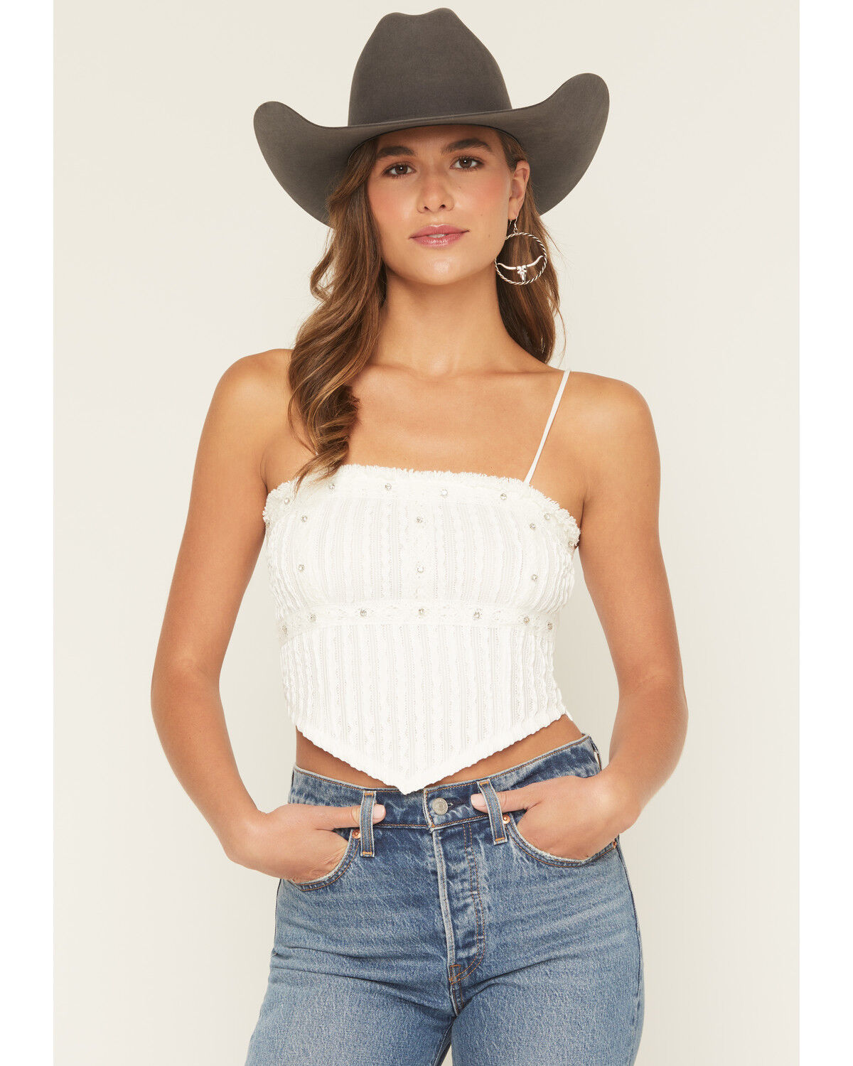 Image #1 - Miss Me Women's Studded Cropped Tank Top, White, hi-res