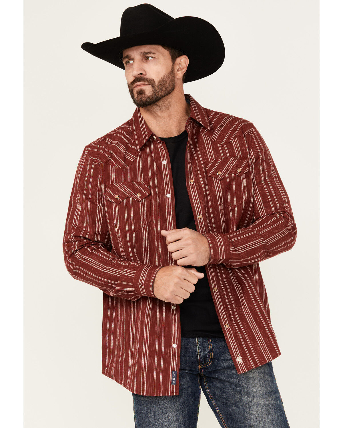 Image #1 - Moonshine Spirit&reg; Men's El Jefe Dobby Striped Print Long Sleeve Snap Western Shirt, Burgundy, hi-res