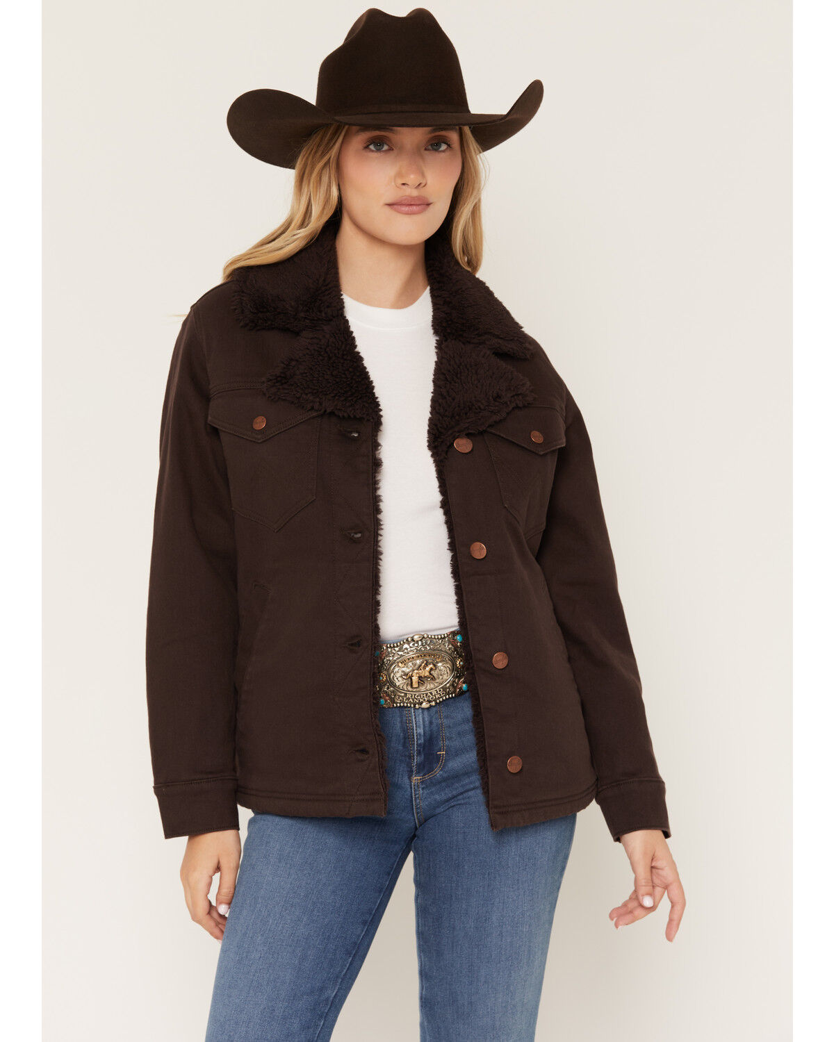 Wrangler Women's Sherpa Lined Button-Down Coat, Brown, hi-res