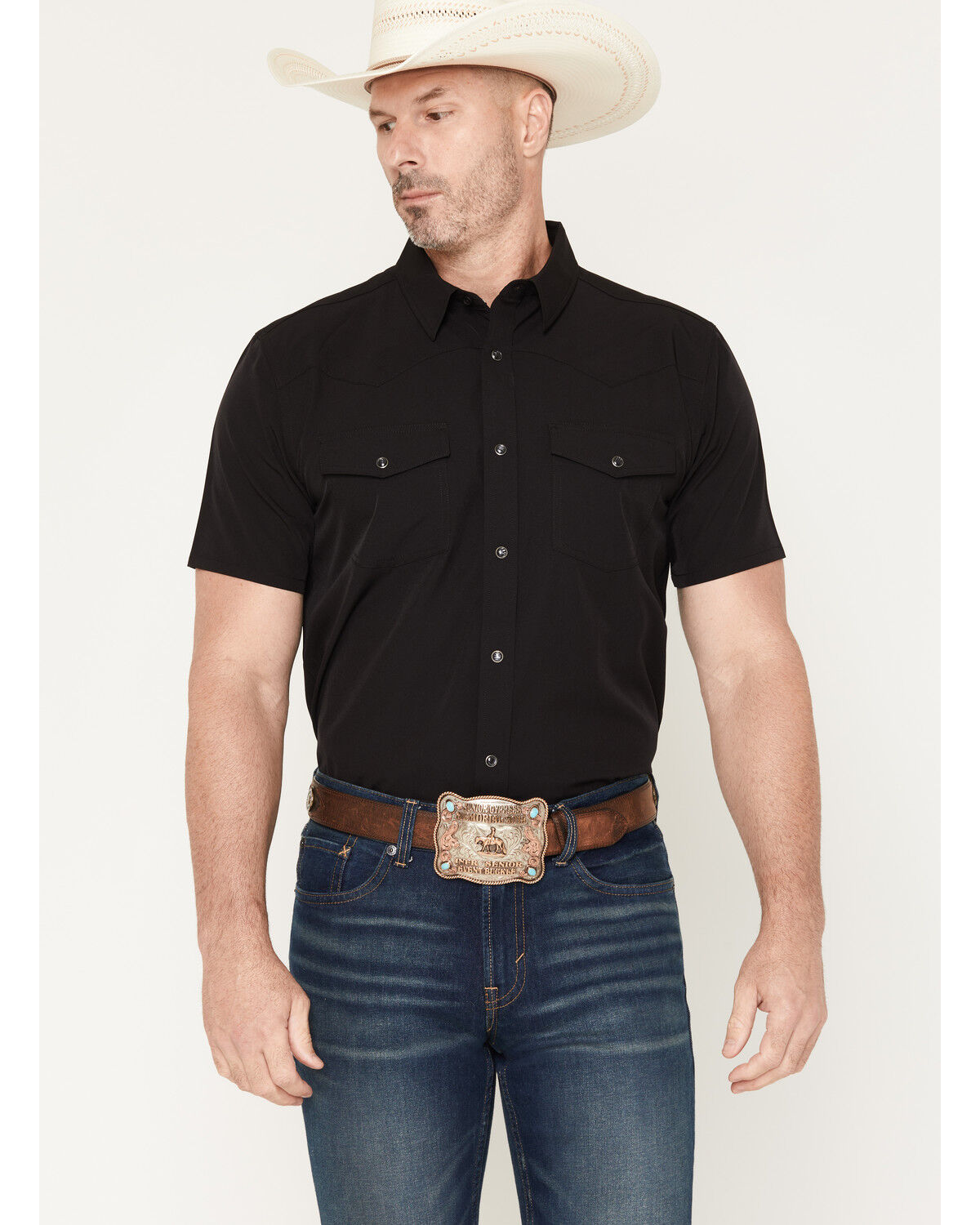 RANK 45&reg; Men's Ridge Solid RODEOTEK&trade; 2.0 Short Sleeve Snap Western Shirt, Black, hi-res