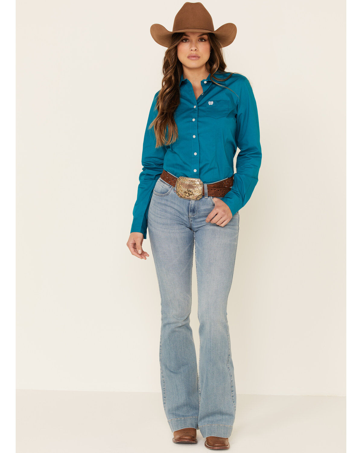 Image #2 - Cinch Women's Teal Solid Button Front Long Sleeve Western Shirt, Teal, hi-res