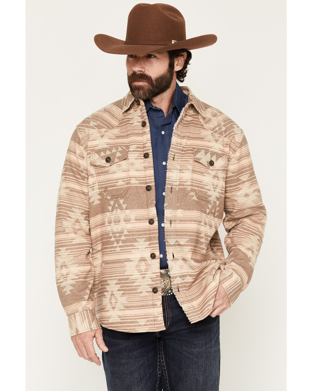 Image #1 - Cody James Men's Abberville Southwestern Striped Sherpa Lined Shirt Jacket, Pecan, hi-res