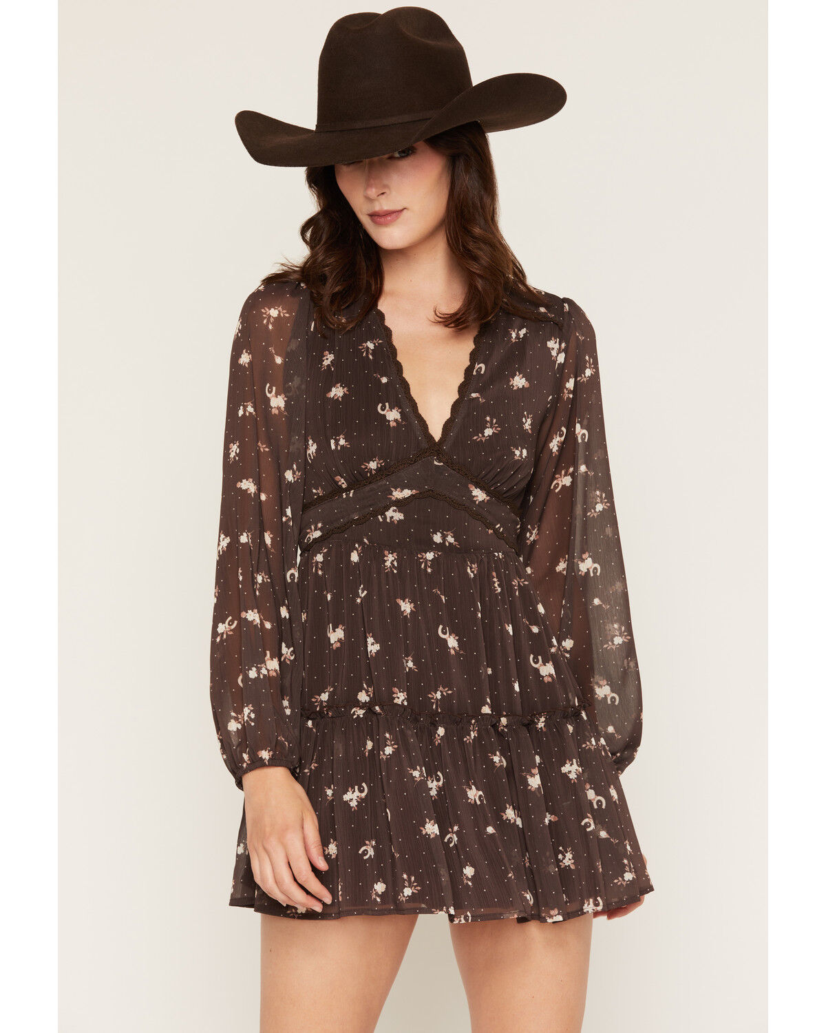 Trixxi Women's Floral Print Polka Dot Long Sleeve Mini Dress, Brown, hi-res