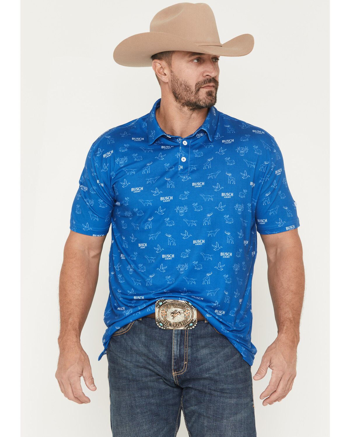 Image #1 - Buckwear Men's Busch Light Repeat Short Sleeve Stretch Polo, Teal, hi-res