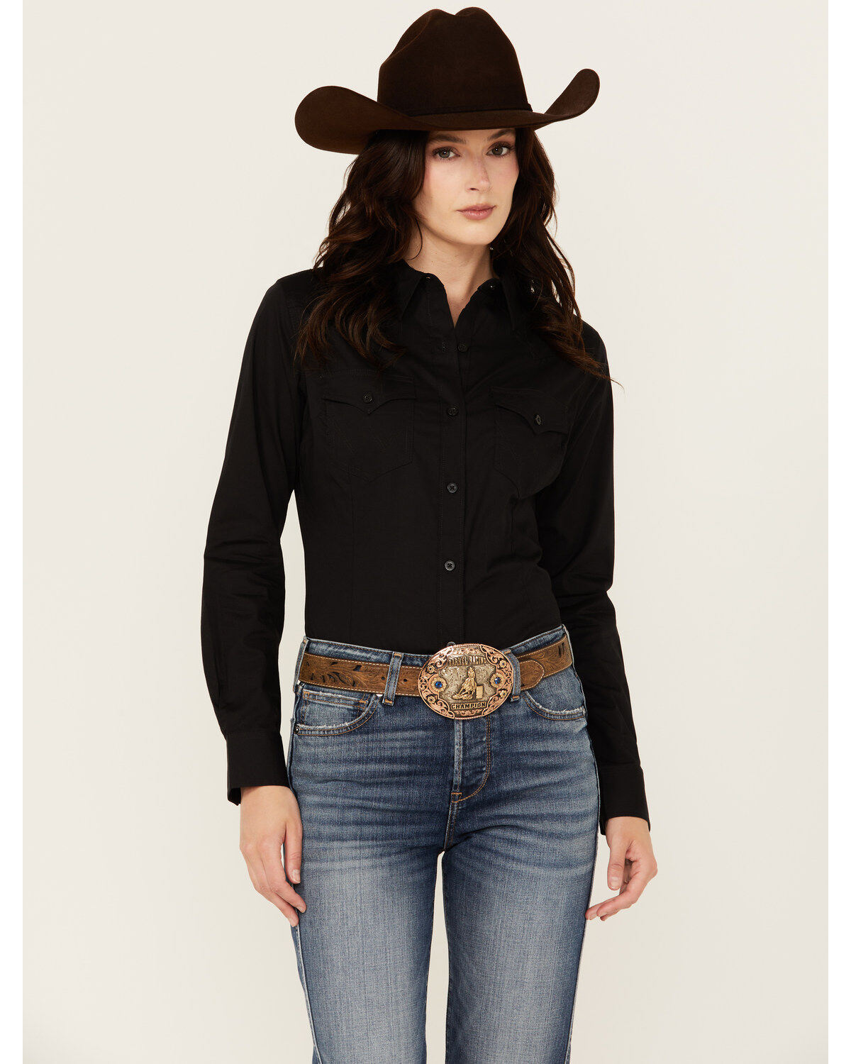 Image #1 - Wrangler Retro Women's Solid Long Sleeve Button-Down Stretch Western Shirt, Black, hi-res