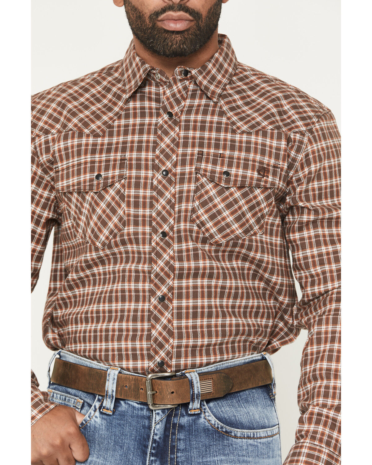 Image #3 - Cody James Men's FR Hondo Plaid Print Long Sleeve Snap Stretch Work Shirt, Dark Brown, hi-res