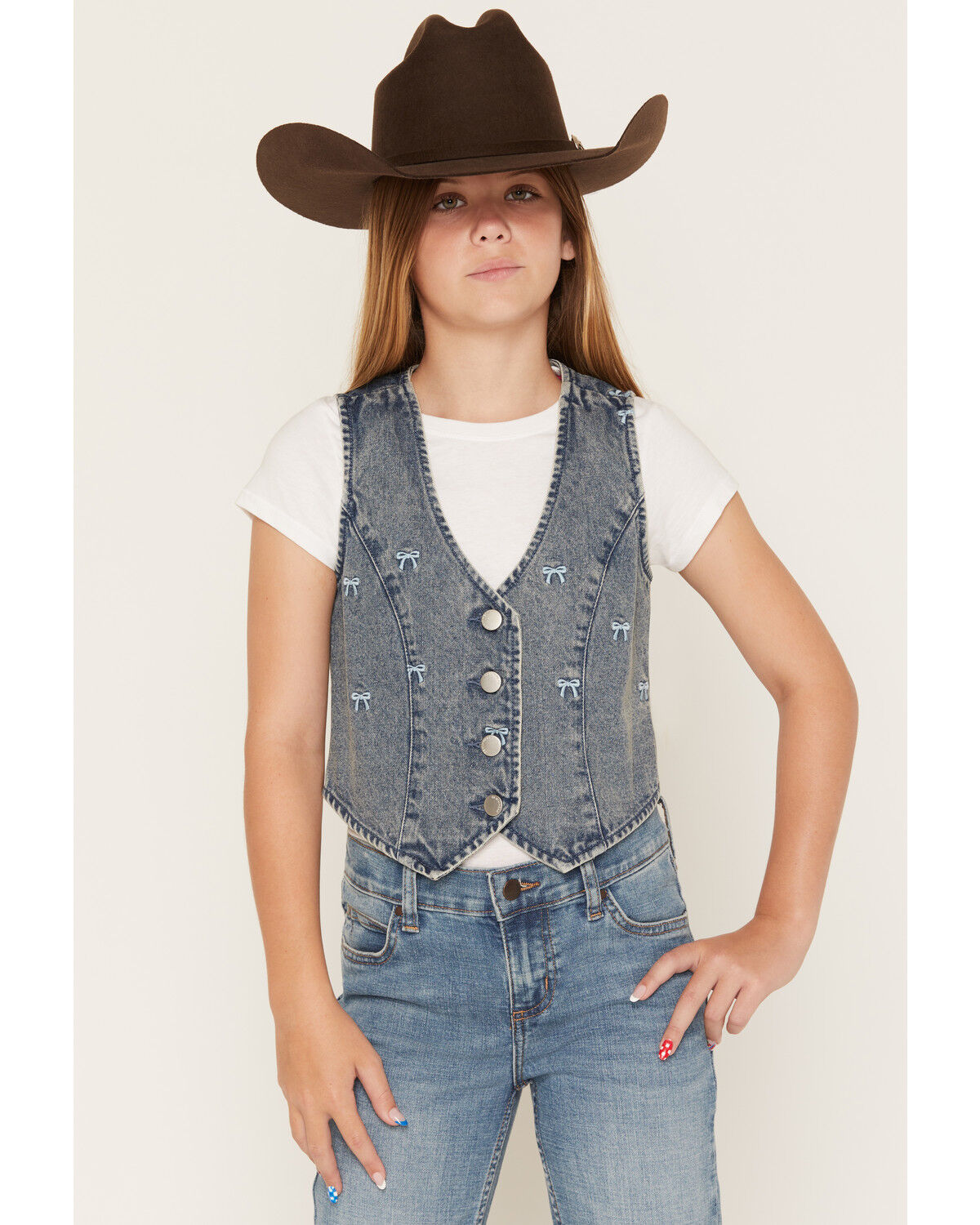 Image #1 - Ashley Girls' Bow Embroidered Denim Vest, Medium Wash, hi-res