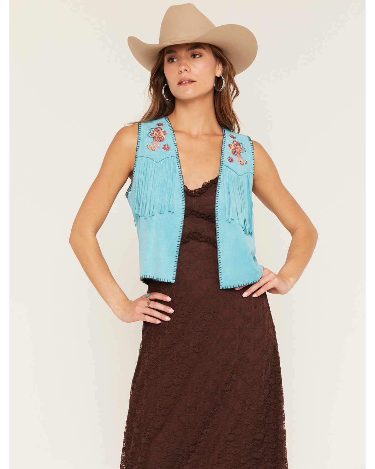 Shyanne Women's Faux Suede Fringe Vest, Bright Blue, hi-res