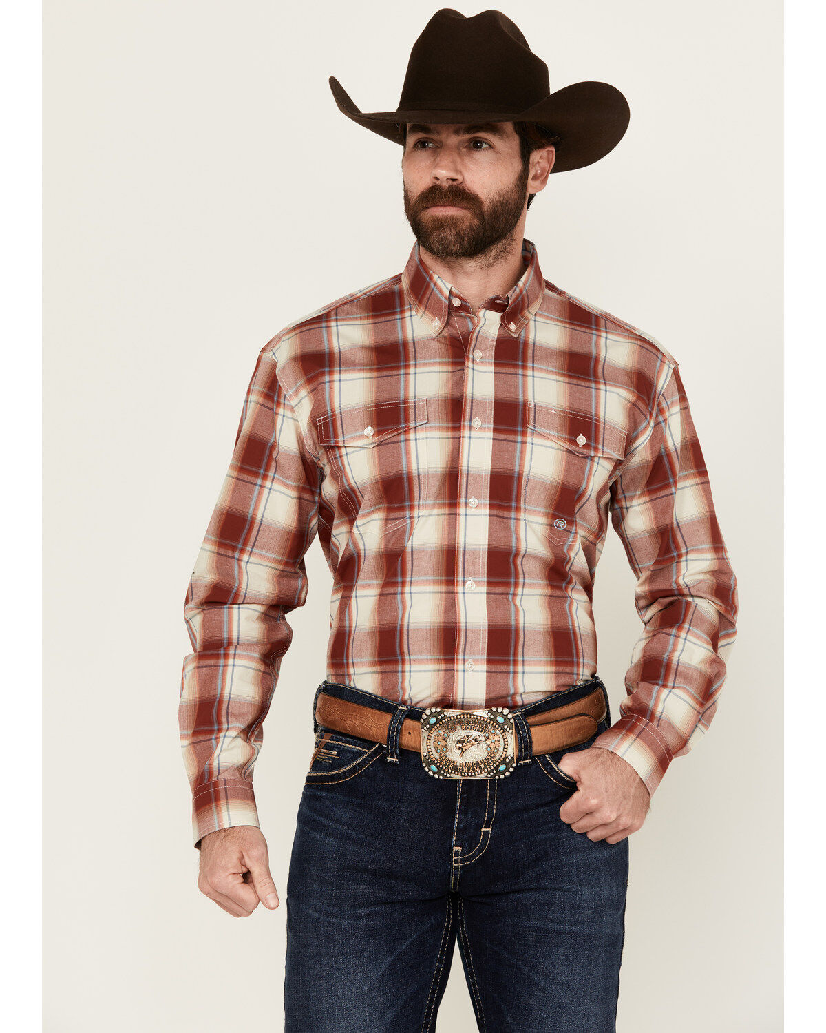 Image #1 - Roper Men's Amarillo Plaid Print Long Sleeve Button-Down Western Shirt, Red, hi-res