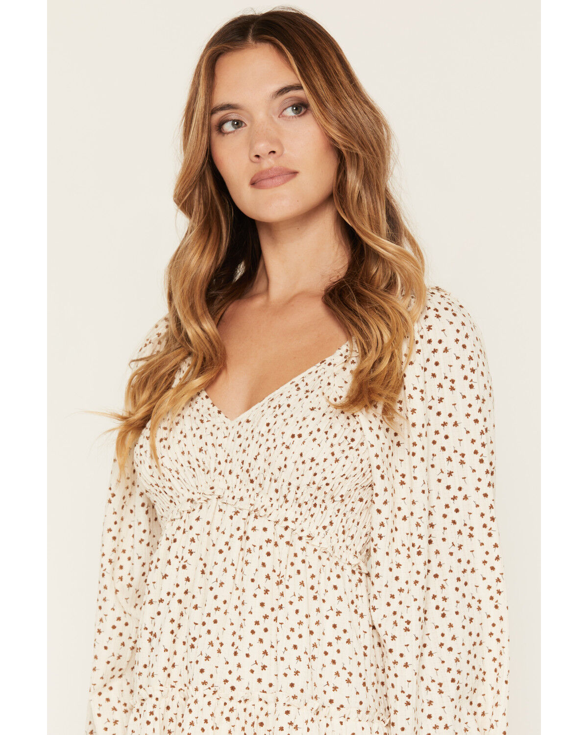 Image #2 - Yura Women's Floral Print Long Sleeve Mini Dress, Cream, hi-res