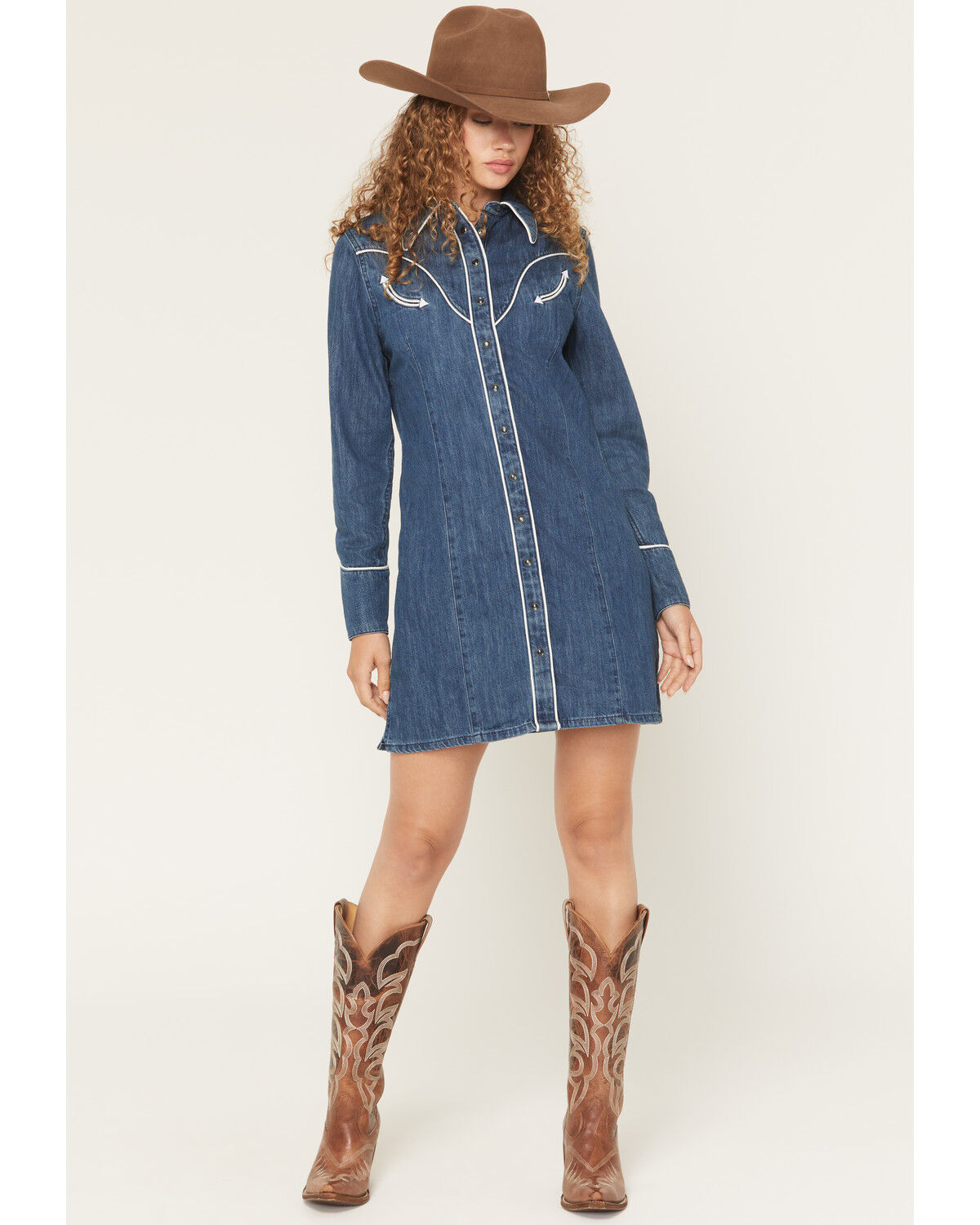 Wrangler Women's Western Long Sleeve Snap Mini Denim Dress, Dark Wash, hi-res