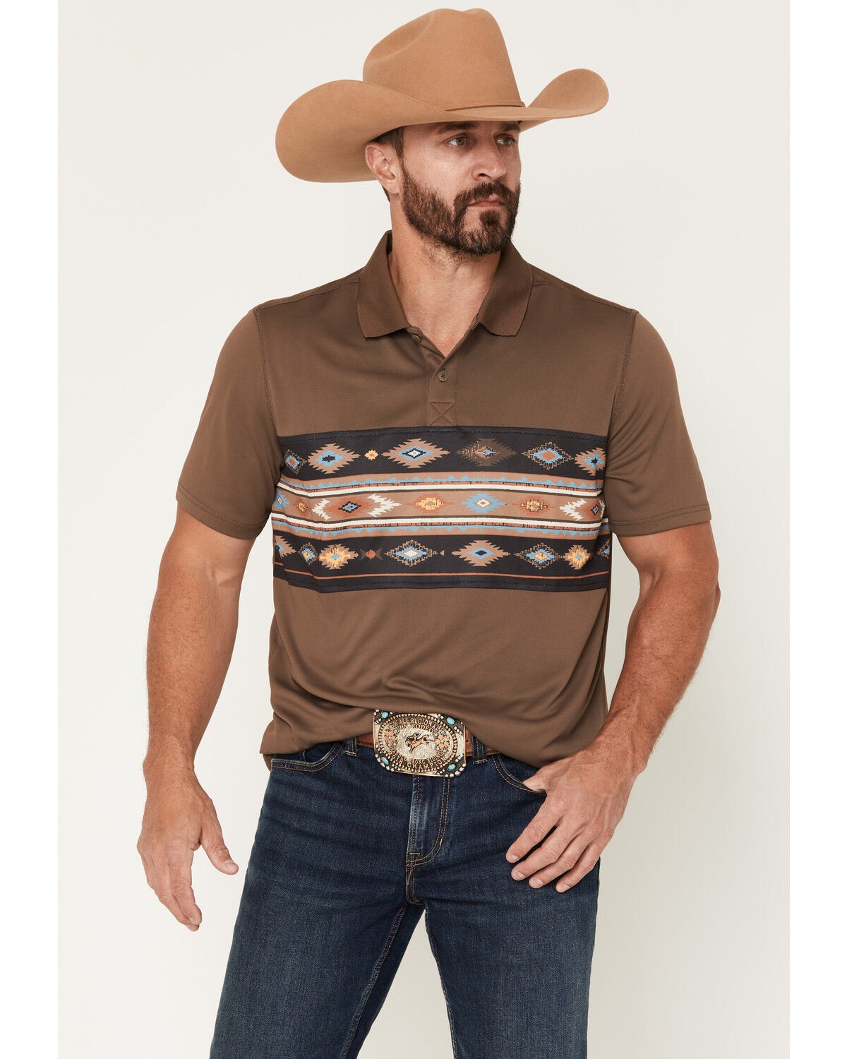 Image #1 - RANK 45&reg; Men's Sierra Noble Border Print Short Sleeve Button-Down Polo, Brown, hi-res
