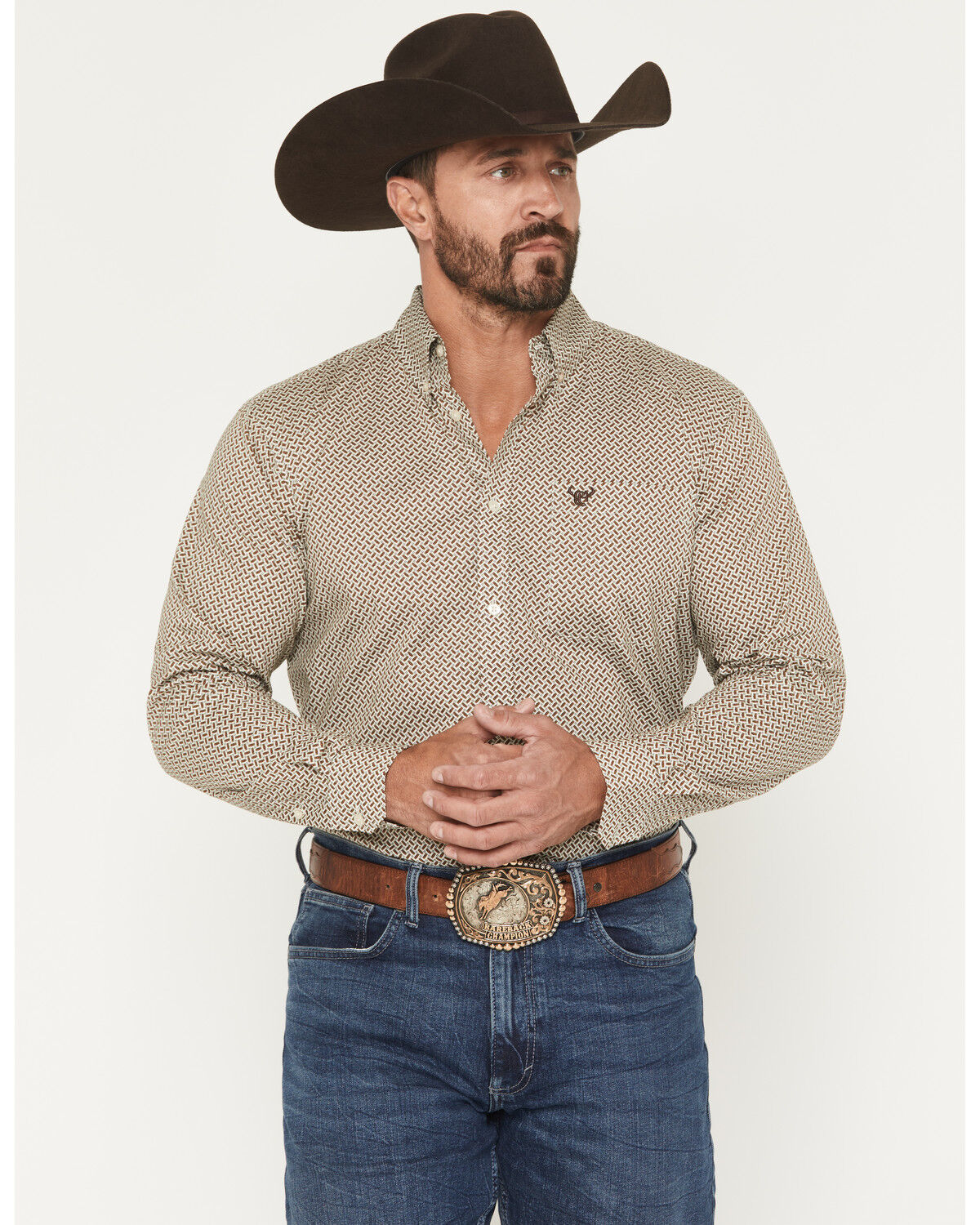 Cowboy Hardware Men's Basket Weave Geo Print Long Sleeve Button-Down Stretch Western Shirt, Tan, hi-res
