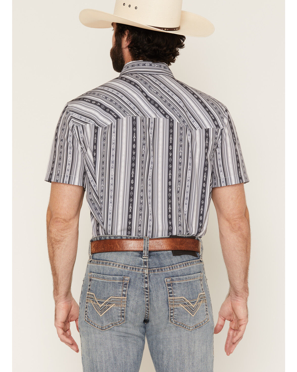 Image #4 - Panhandle Slim Men's Southwestern Striped Short Sleeve Pearl Snap Performance Western Shirt, Black, hi-res