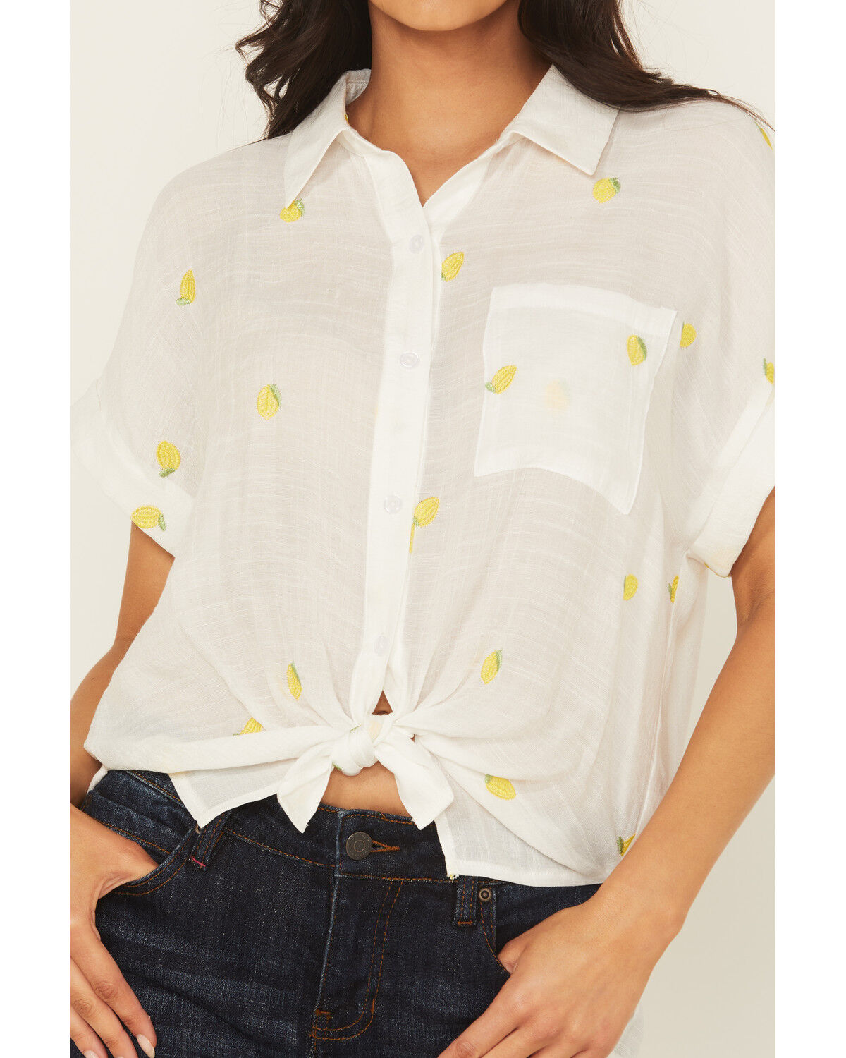 Image #3 - June & Hudson Women's Lemon Embroidered Short Sleeve Tie-Front Top, White, hi-res