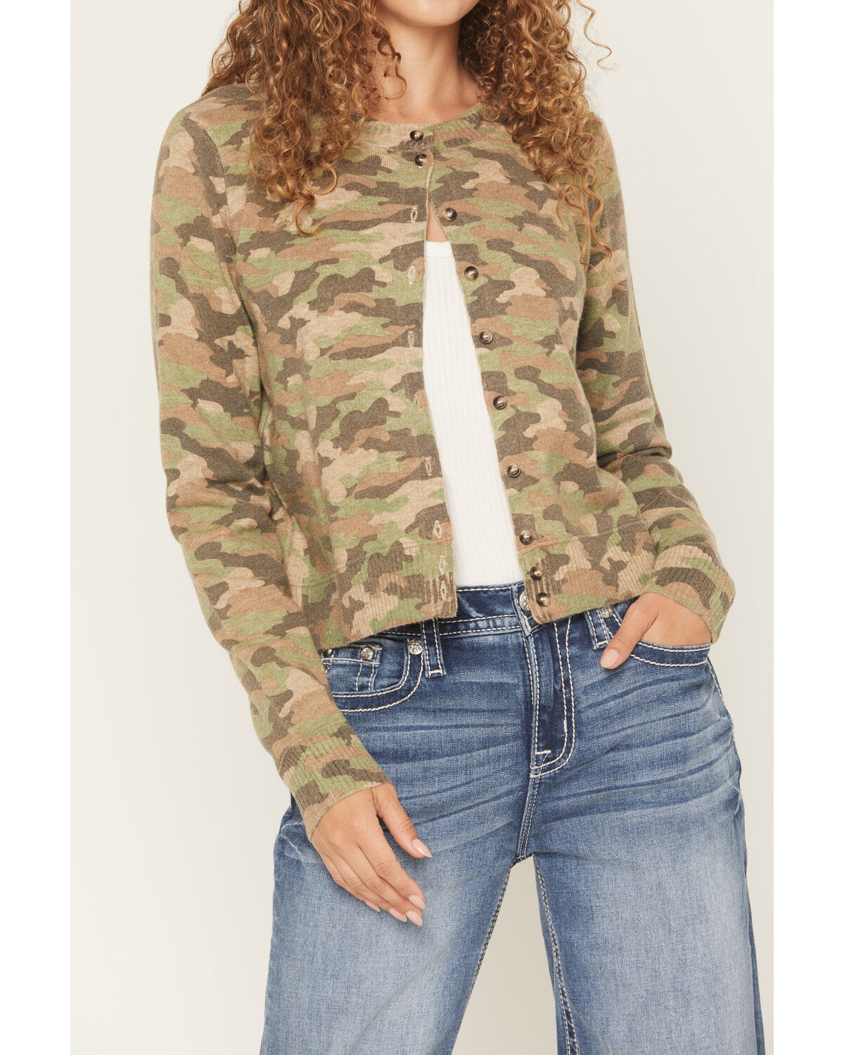Image #3 - Miss Me Women's Camo Print Button-Down Sweater, Green, hi-res
