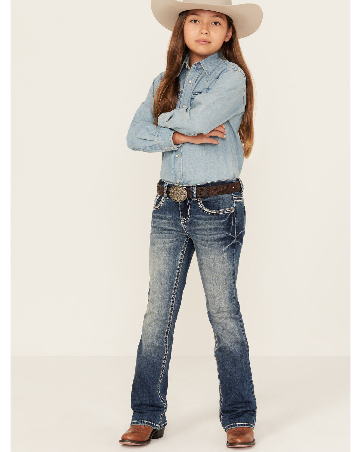 Image #3 - Shyanne Girls' Medium Wash Double Horseshoe Pocket Bootcut Stretch Denim Jeans, Medium Wash, hi-res