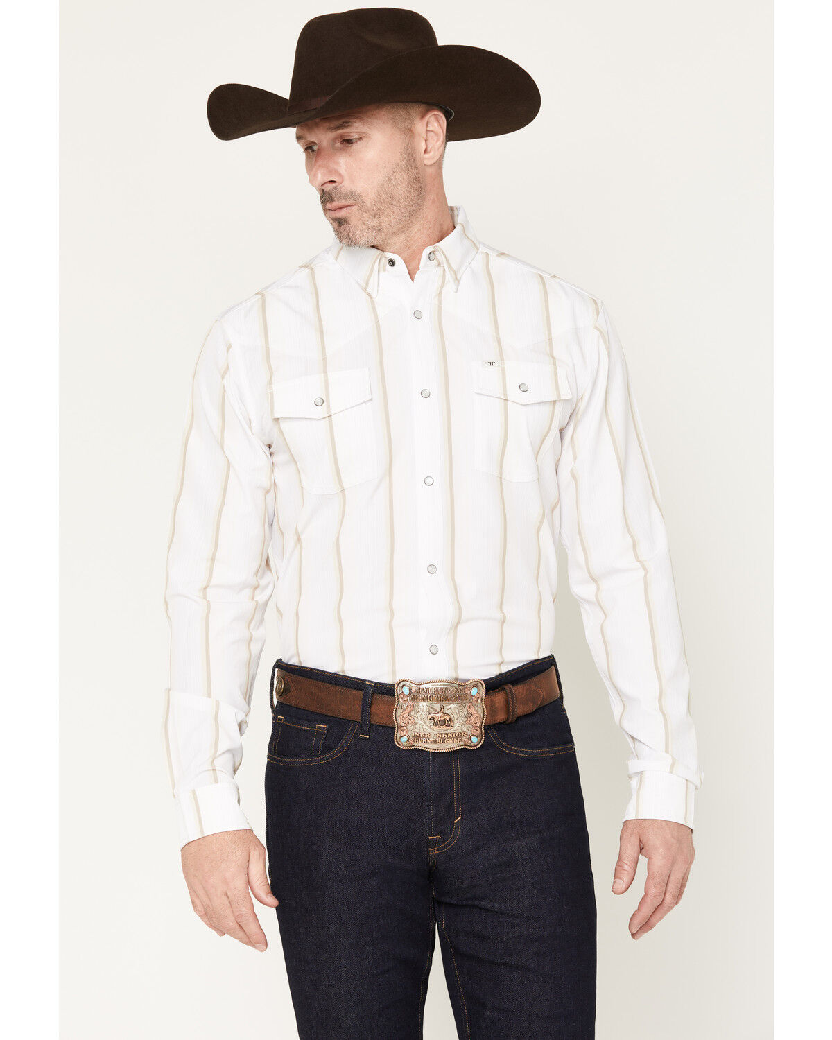 Ferrell Men's Tristan Tek Striped Long Sleeve Pearl Snap Stretch Western Shirt, Cream, hi-res