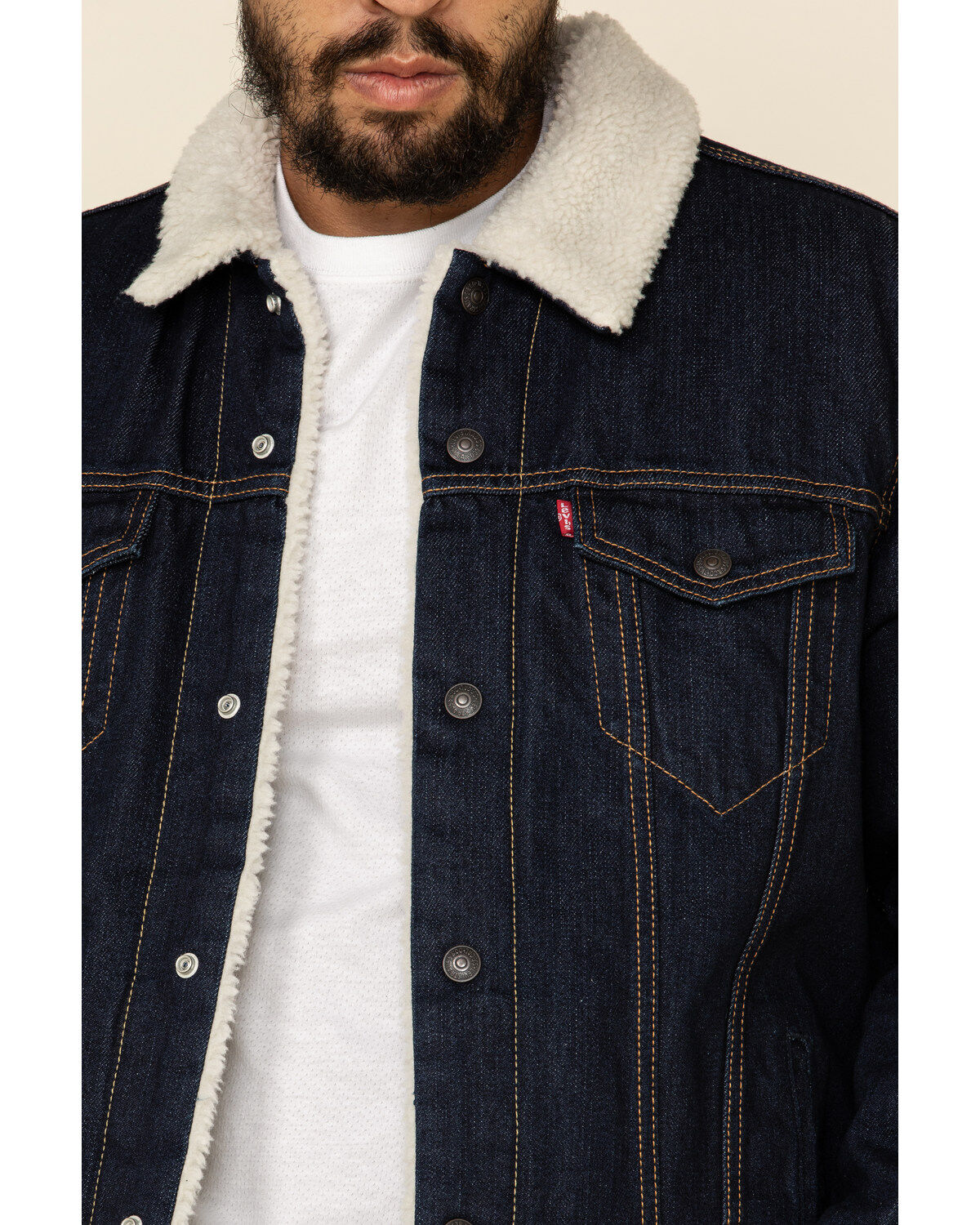 Image #5 - Levi's Men's Juniper Sherpa Lined Trucker Denim Jacket, Dark Blue, hi-res