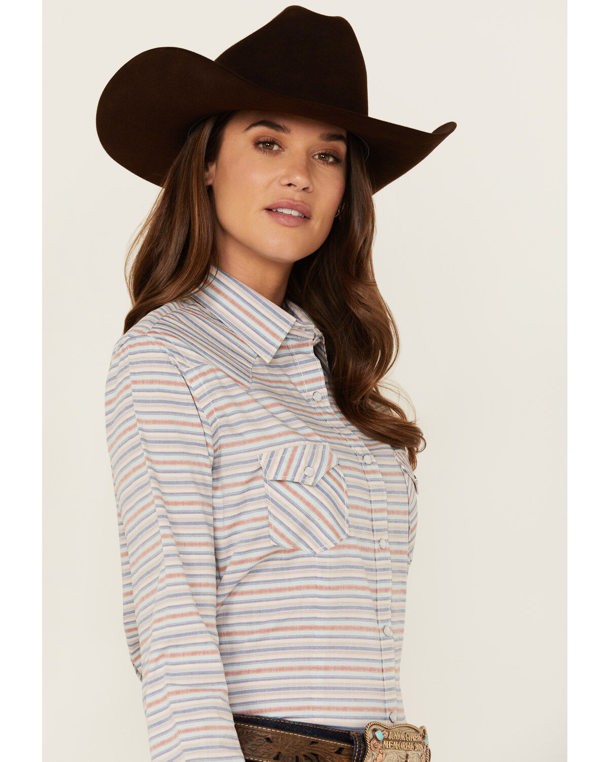 Image #2 - Rough Stock by Panhandle Women's Striped Long Sleeve Pearl Snap Western Shirt, Multi, hi-res