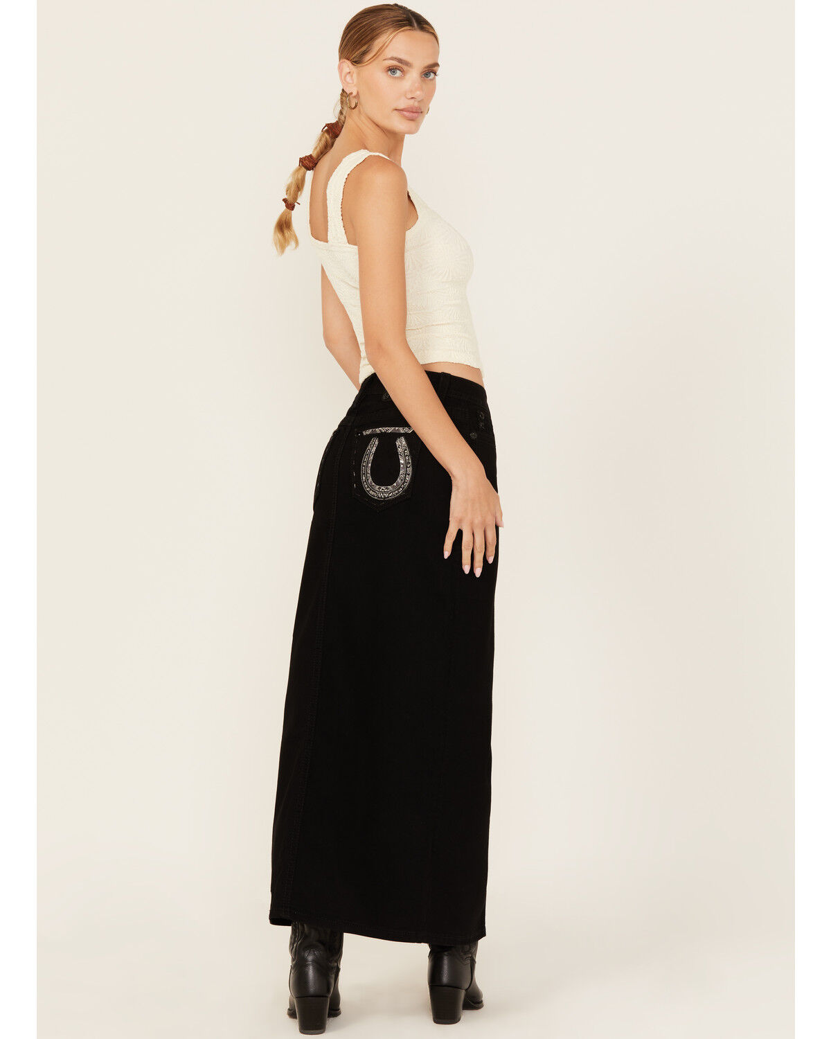Image #1 - Miss Me Women's Embroidered Pocket Stretch Denim Maxi Skirt, Black, hi-res