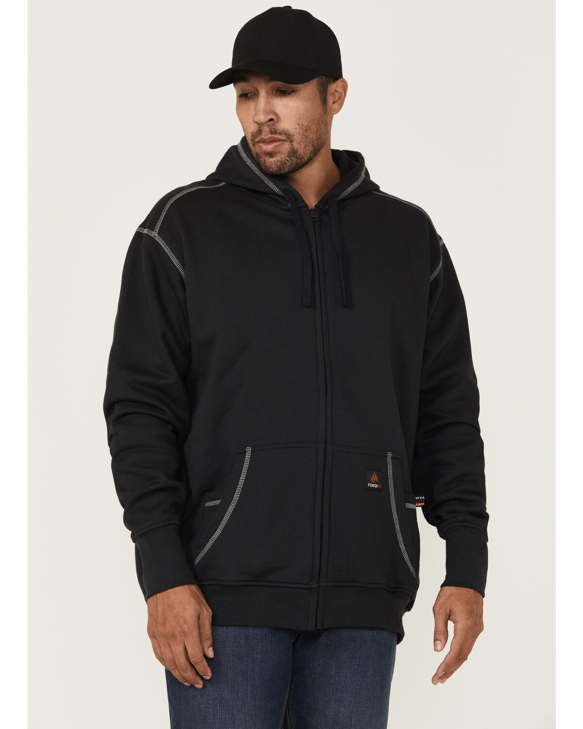 Image #1 - Forge Workwear Men's FR Solid Contrast Stitch Zip Hooded Jacket, Navy, hi-res