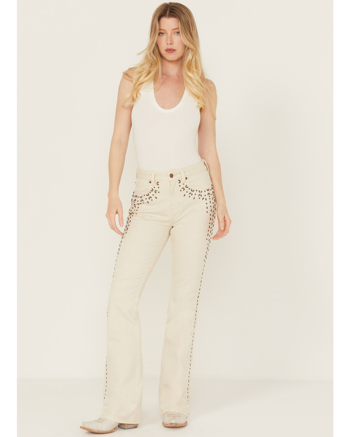 Image #1 - Wonderwest Women's Birch High Rise Studded Slim Bootcut Rigid-Like Stretch Denim Jeans, White, hi-res