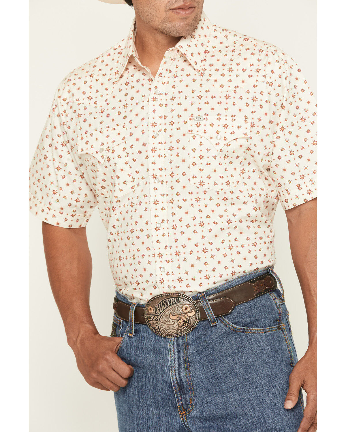 Image #3 - Ely Walker Men's Boot Barn Exclusive Geo Print Short Sleeve Snap Western Shirt, Cream, hi-res