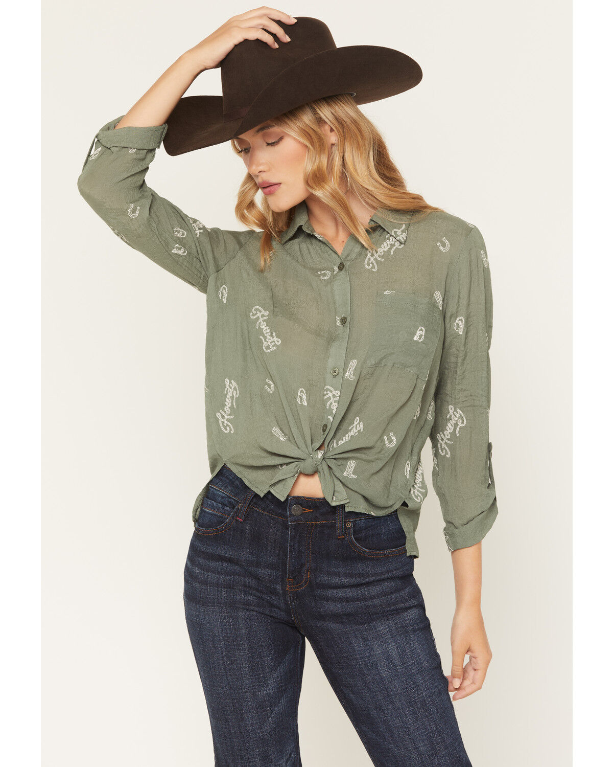 June & Hudson Women's Western Embroidered 3/4 Sleeve Button-Down Shirt, Olive, hi-res
