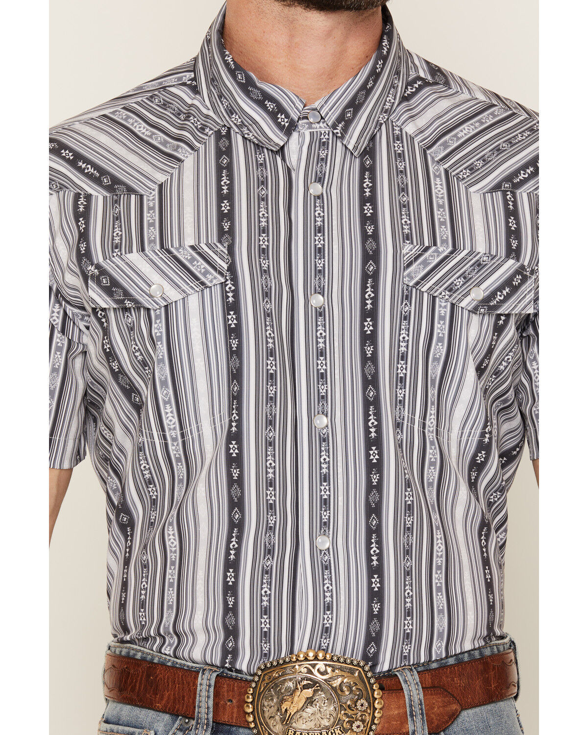 Image #3 - Panhandle Slim Men's Southwestern Striped Short Sleeve Pearl Snap Performance Western Shirt, Black, hi-res