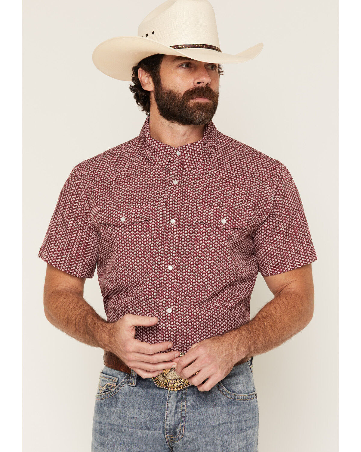 Image #1 - Panhandle Slim Men's Lone Star Print Short Sleeve Pearl Snap Performance Western Shirt, Wine, hi-res