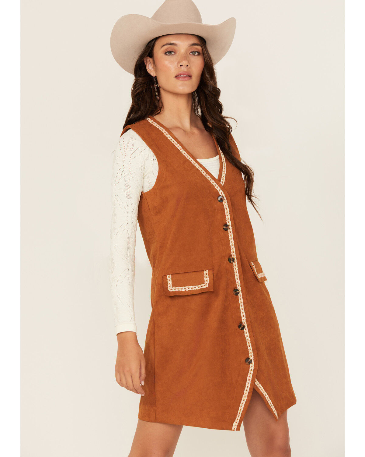 Image #1 - Miss Me Women's Embroidered Faux Suede Sleeveless Button-Down Mini Dress, Camel, hi-res
