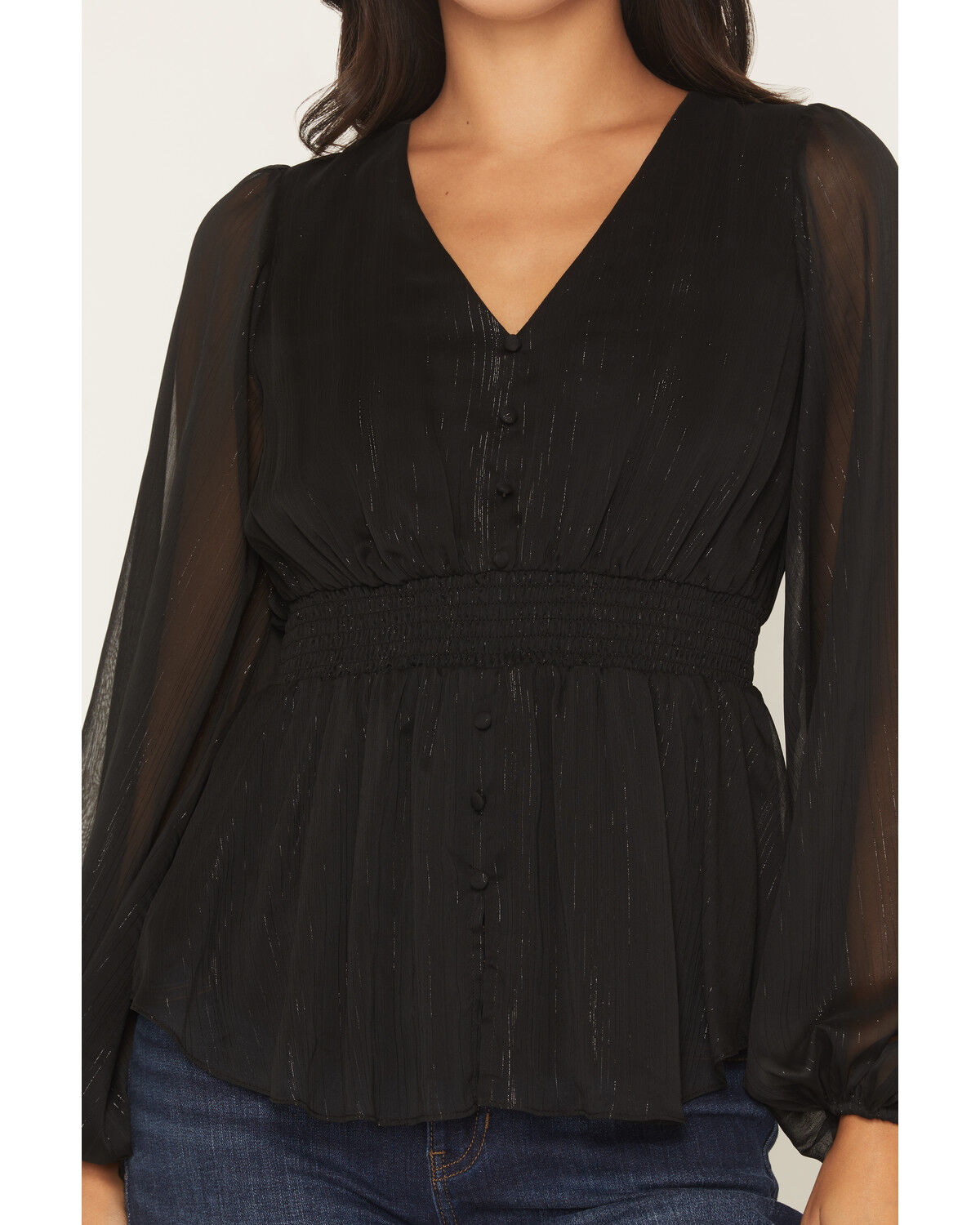 Image #3 - Shyanne Women's Pratt Faux Button-Down Long Sleeve Lurex Top, Black, hi-res