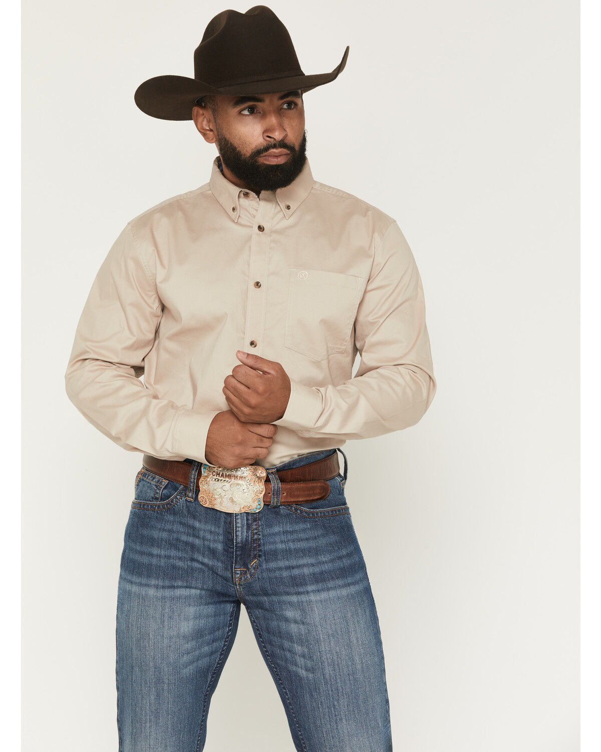 Cody James Men's Basic Solid Long Sleeve Button-Down Stretch Western Shirt - Tall, Tan, hi-res