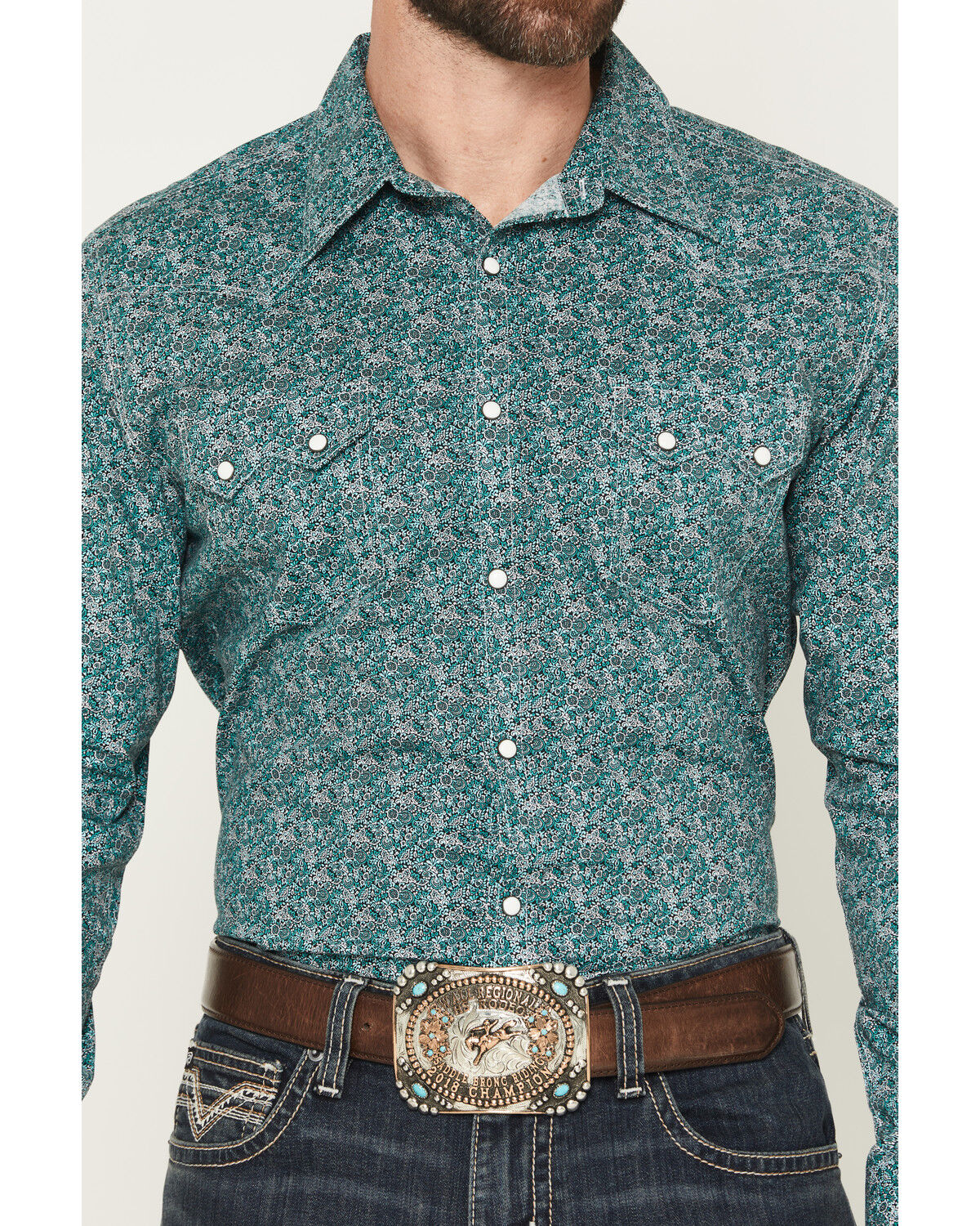 Image #3 - Rock & Roll Denim Men's Floral Print Long Sleeve Snap Stretch Western Shirt, Turquoise, hi-res