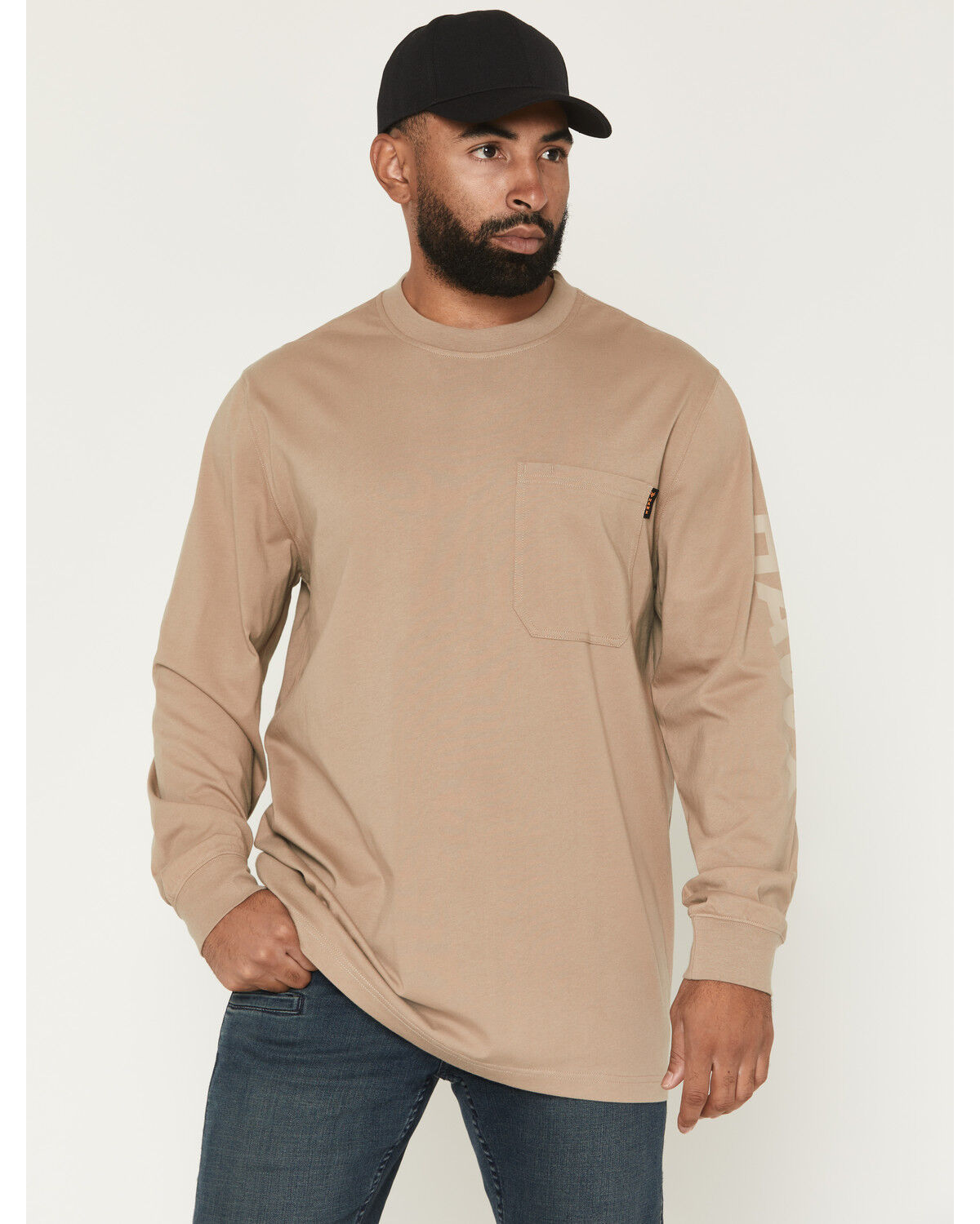 Hawx Men's Solid Graphic Logo Long Sleeve Work T-Shirt, Tan, hi-res