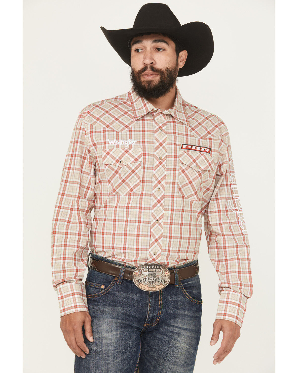 Image #1 - Wrangler Men's PBR Plaid Print Long Sleeve Snap Western Shirt, Tan, hi-res