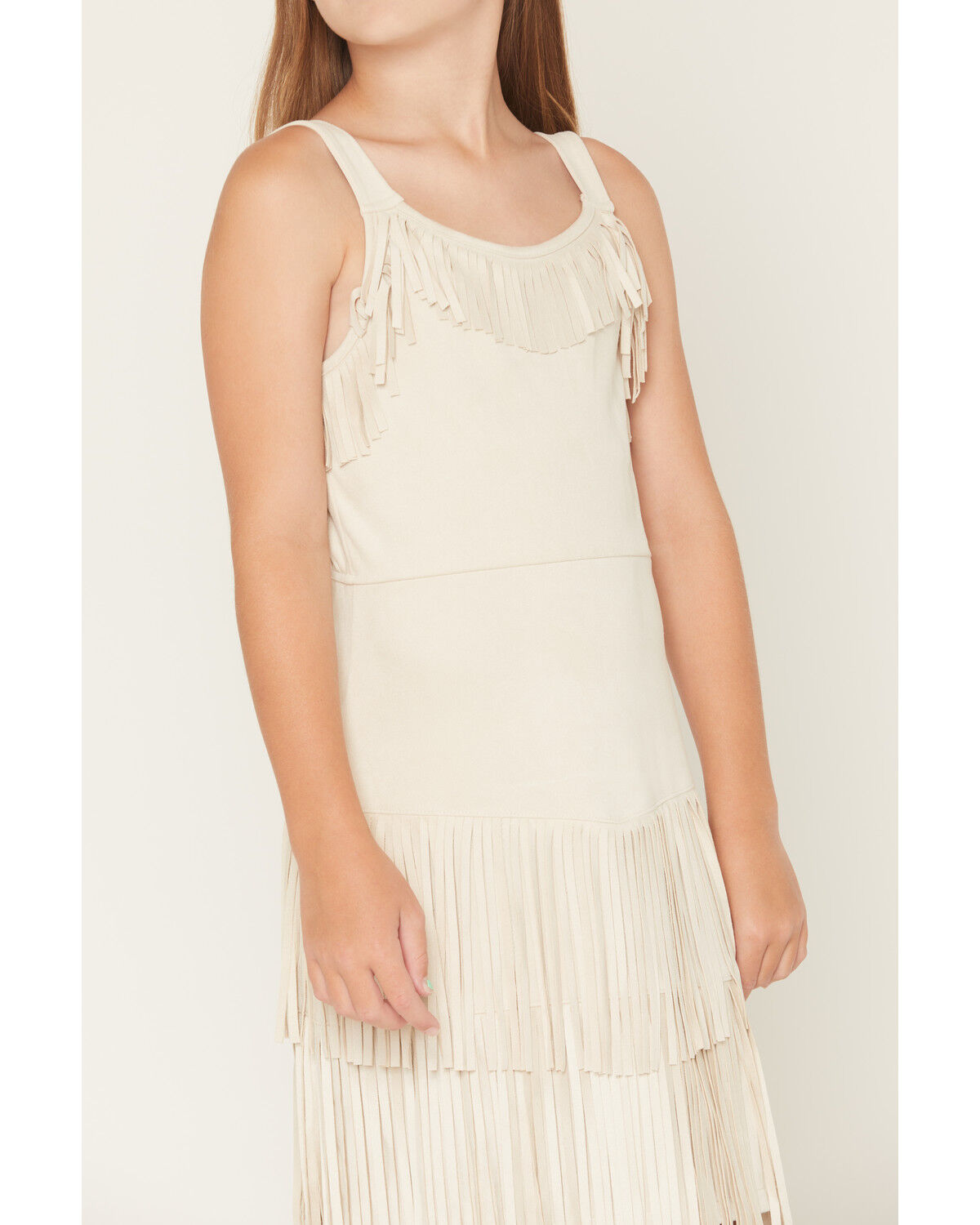 Image #3 - Shyanne Girls' Solid Faux Suede Fringe Sleeveless Dress, Ivory, hi-res