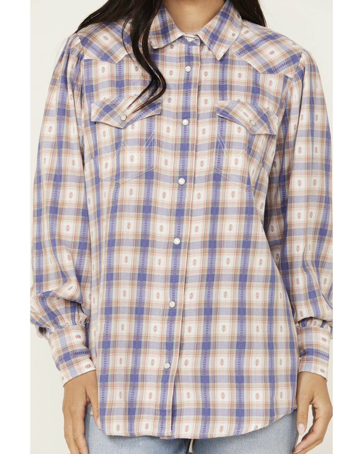 Image #3 - Wrangler Women's Balloon Sleeve Plaid Print Snap Western Shirt, Medium Wash, hi-res